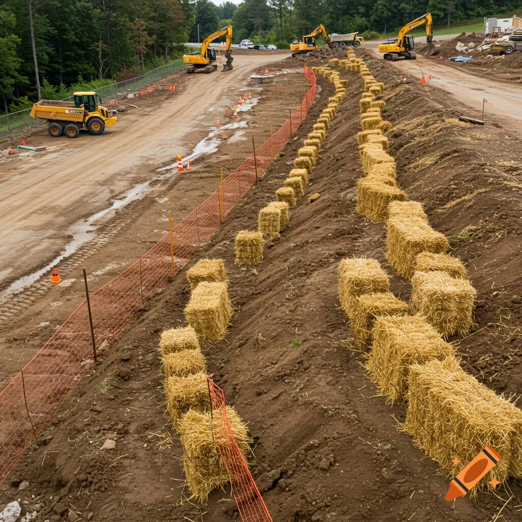 Photorealistic image of a construction site with excavators, a dump truck, and rows of straw bales on a dirt slope.