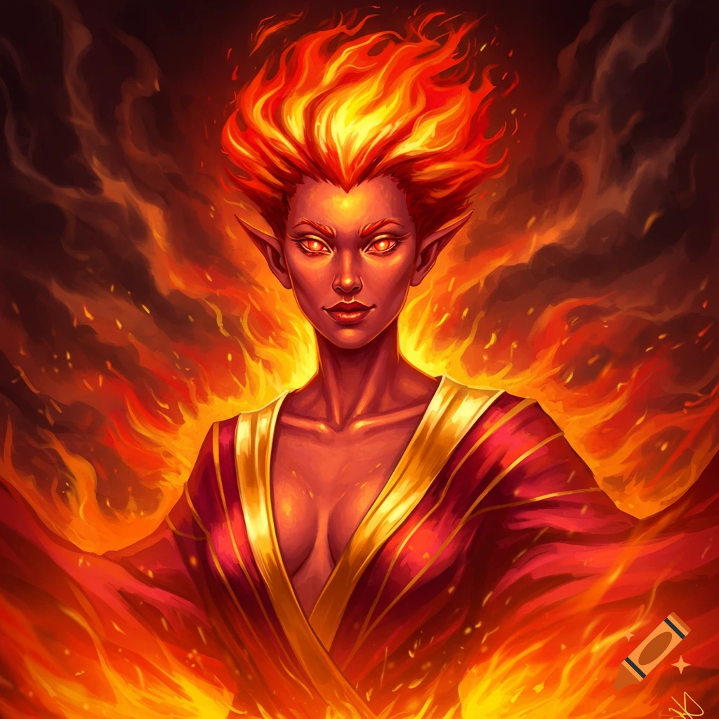 A fire goddess with fiery hair and elf ears is surrounded by flames.