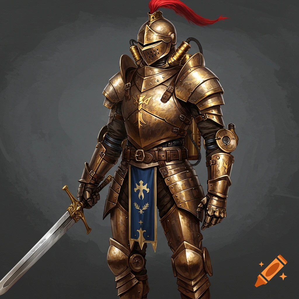 A golden steampunk knight in detailed armor stands with a sword and banner.