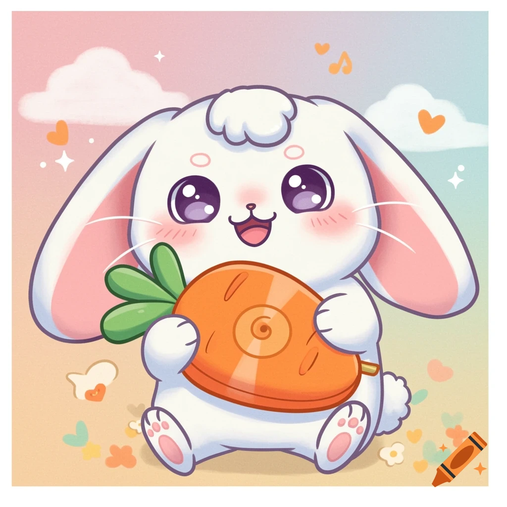 Cute cartoon bunny holding a carrot object in a pastel scene
