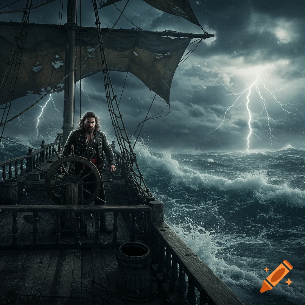 A pirate steers a ship through a stormy sea with lightning.