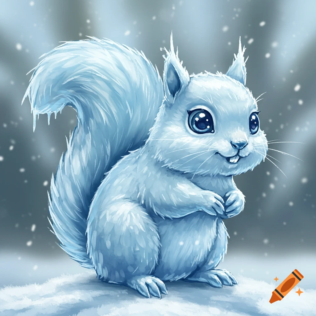 A cute white ice squirrel sits in snow with snowflakes.