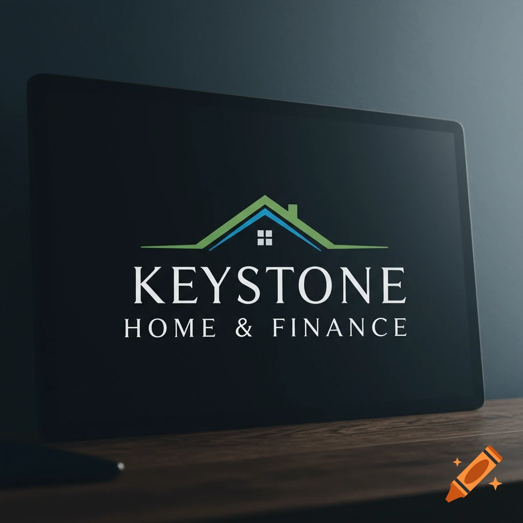 Modern finance logo with green and blue house symbol and 'Keystone Home & Finance' text displayed on a screen.