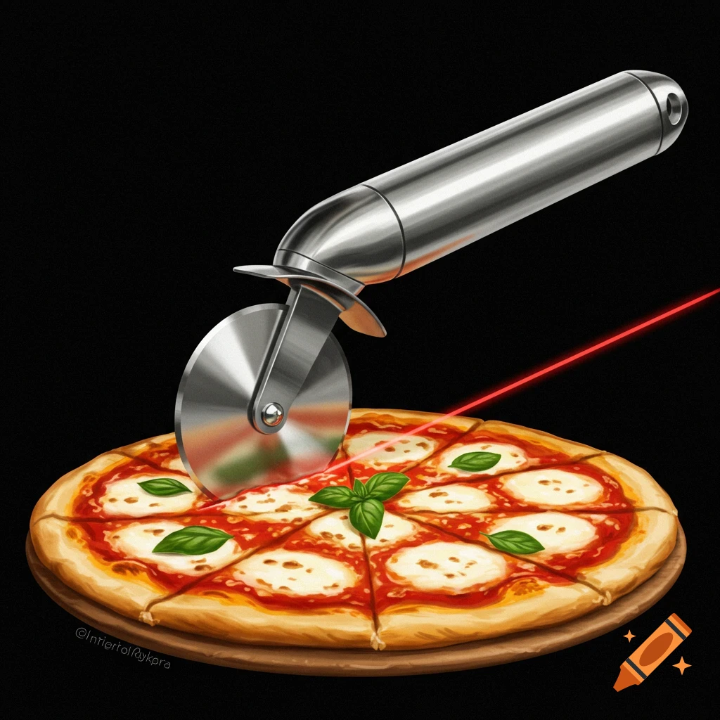 A pizza being cut by a pizza cutter with a red laser line.
