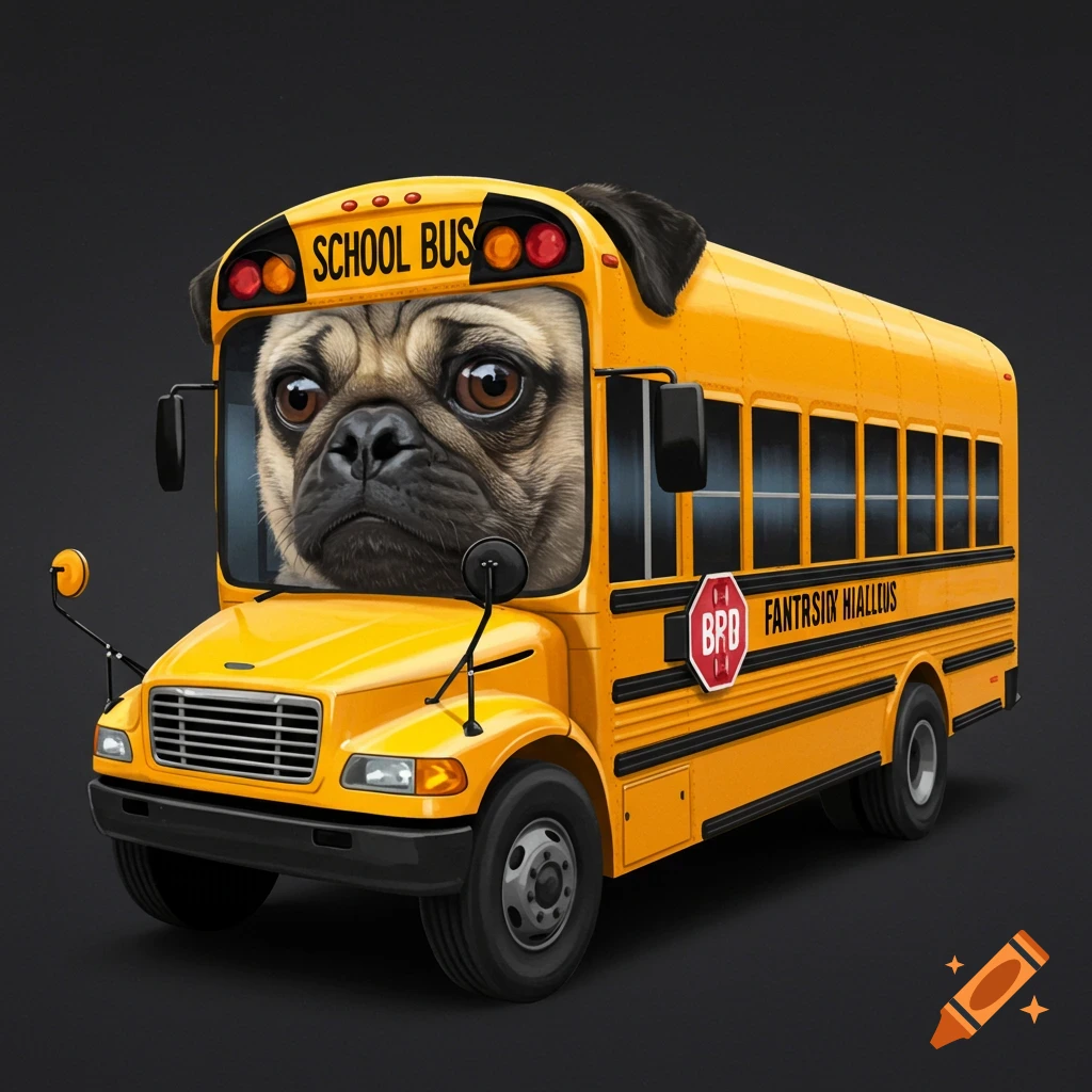 A pug's head is on the front of a yellow school bus