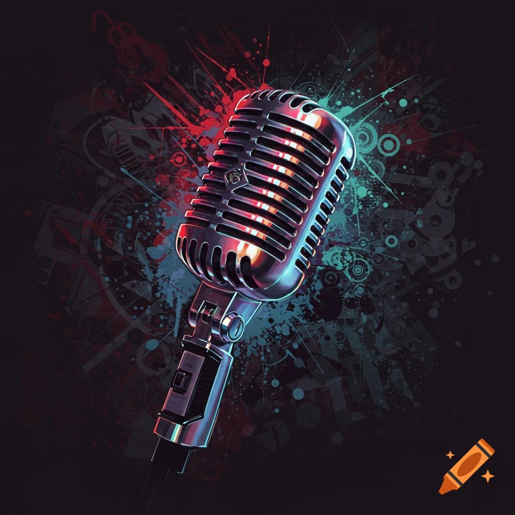A vintage microphone is centered on a dark, abstract background with red and blue splatters.