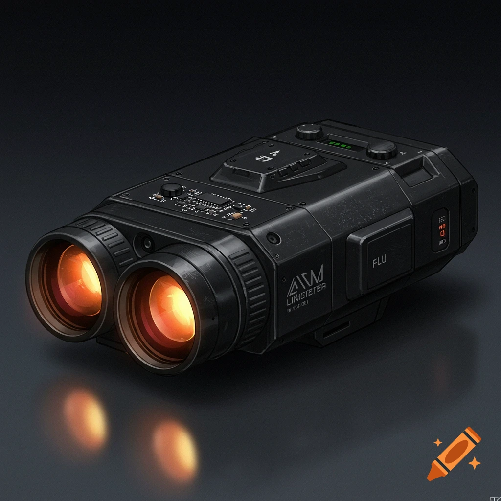 A dark, futuristic binocular or night vision device with glowing orange lenses.