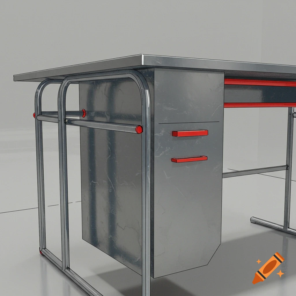 A steel desk with red handles and accents, rendered in a graphic style.