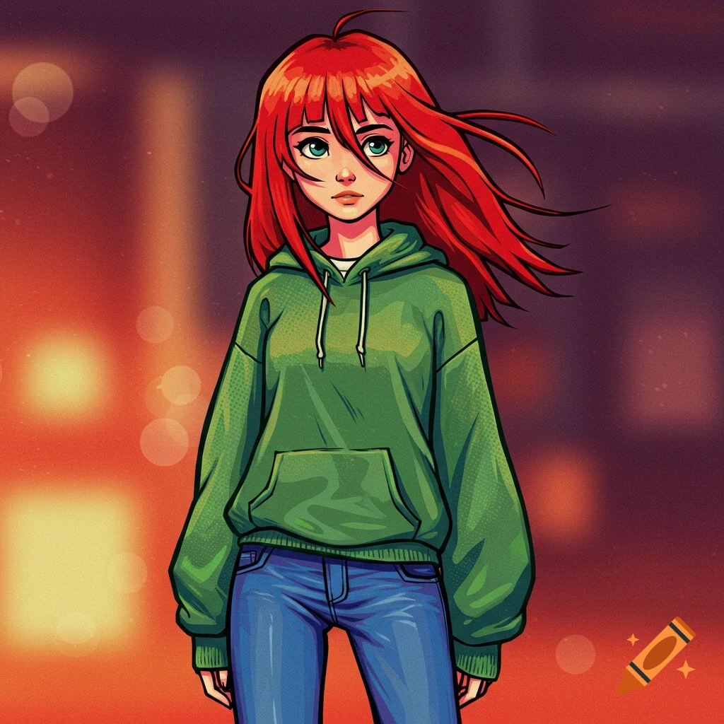 Illustration of a girl with red hair in a green hoodie and blue jeans.