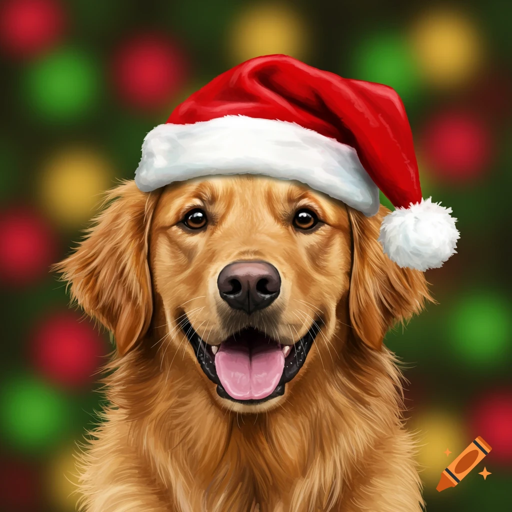 A Golden Retriever wearing a Santa hat
