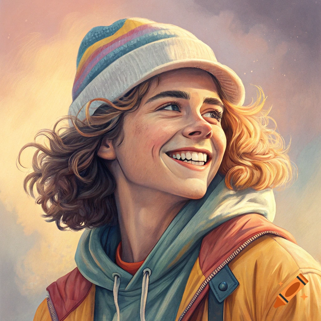 Smiling person in striped beanie, hoodie, and yellow jacket.