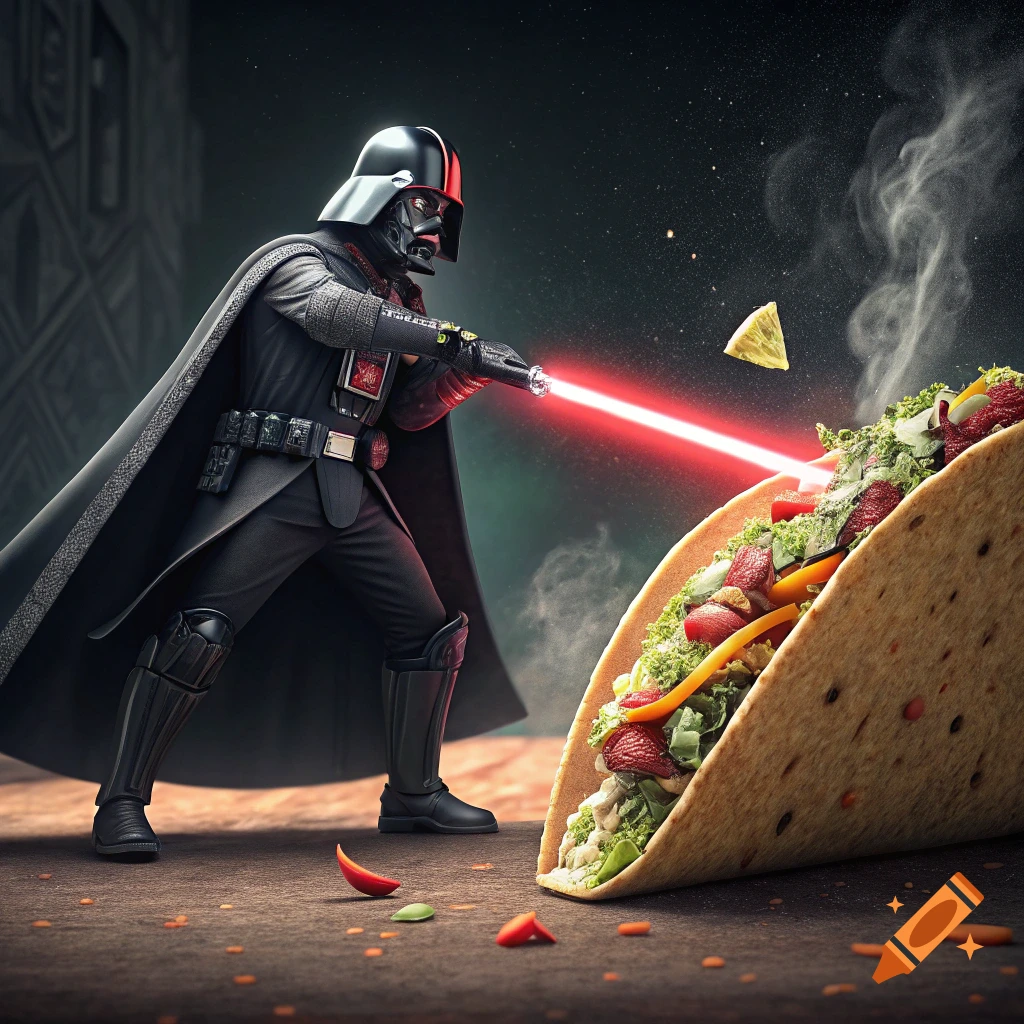 Darth Vader attacking a giant taco with a red lightsaber.