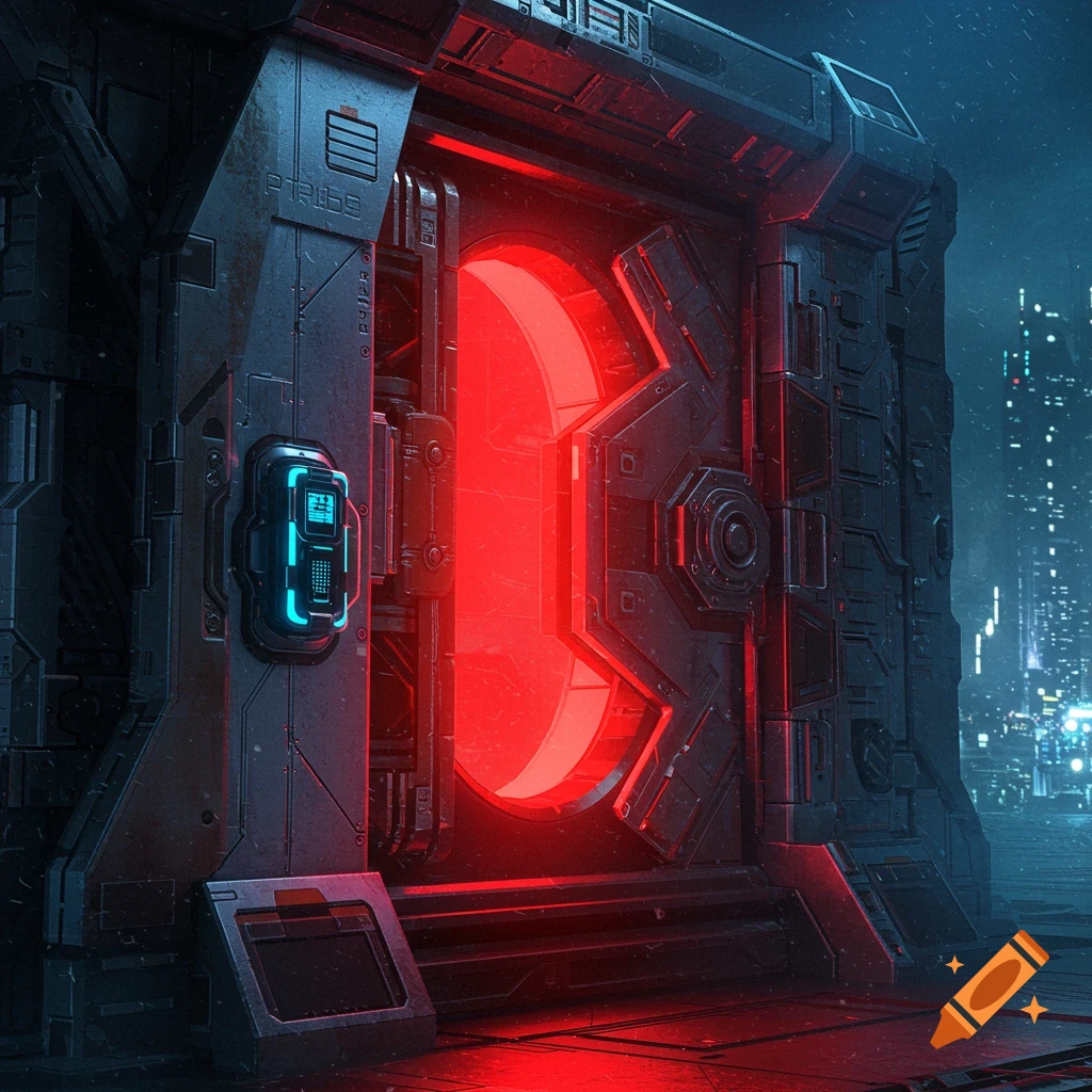 A giant mechanical sci-fi door with glowing red light and a hand scanner.