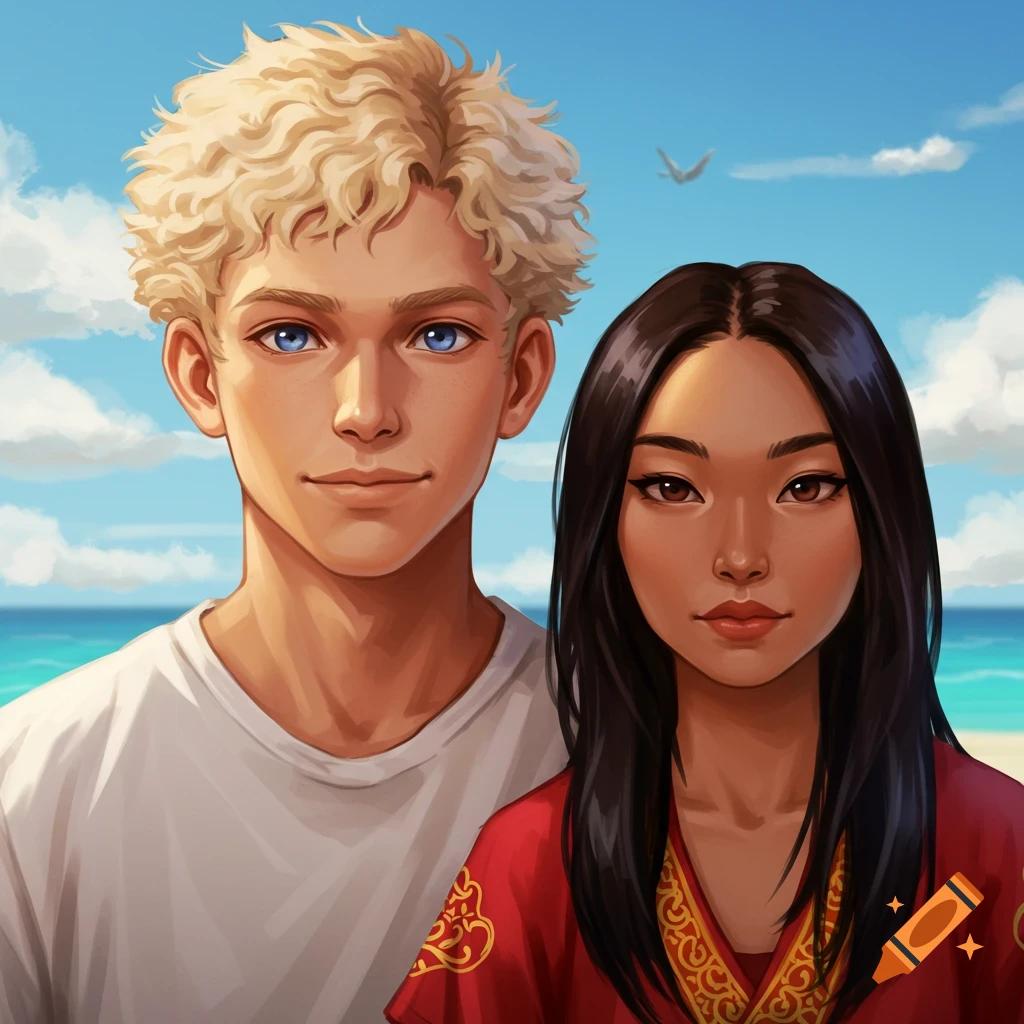 A blonde boy and a girl with black hair are smiling on a beach.