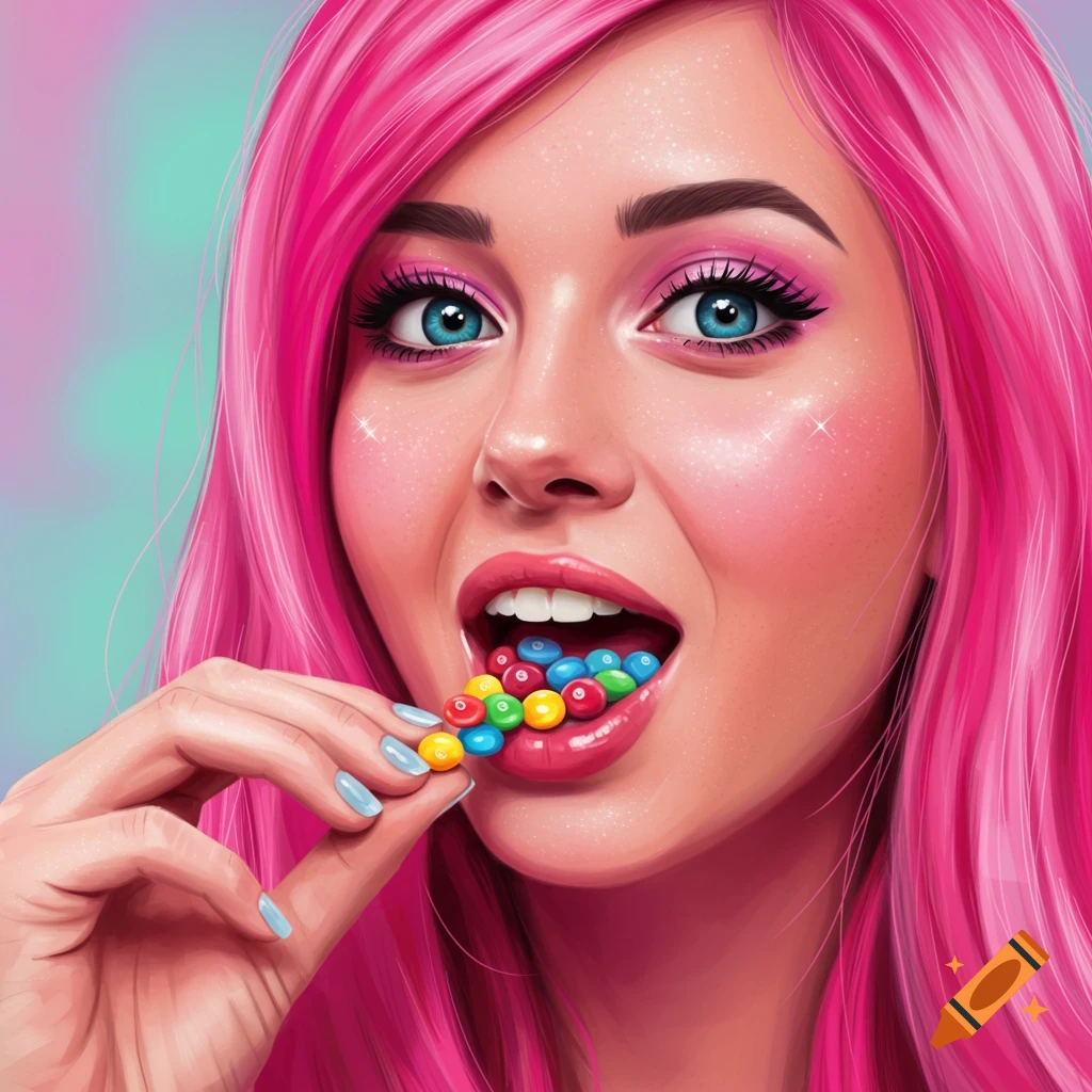 A woman with pink hair and bright blue eyes is eating colorful candies from her hand.