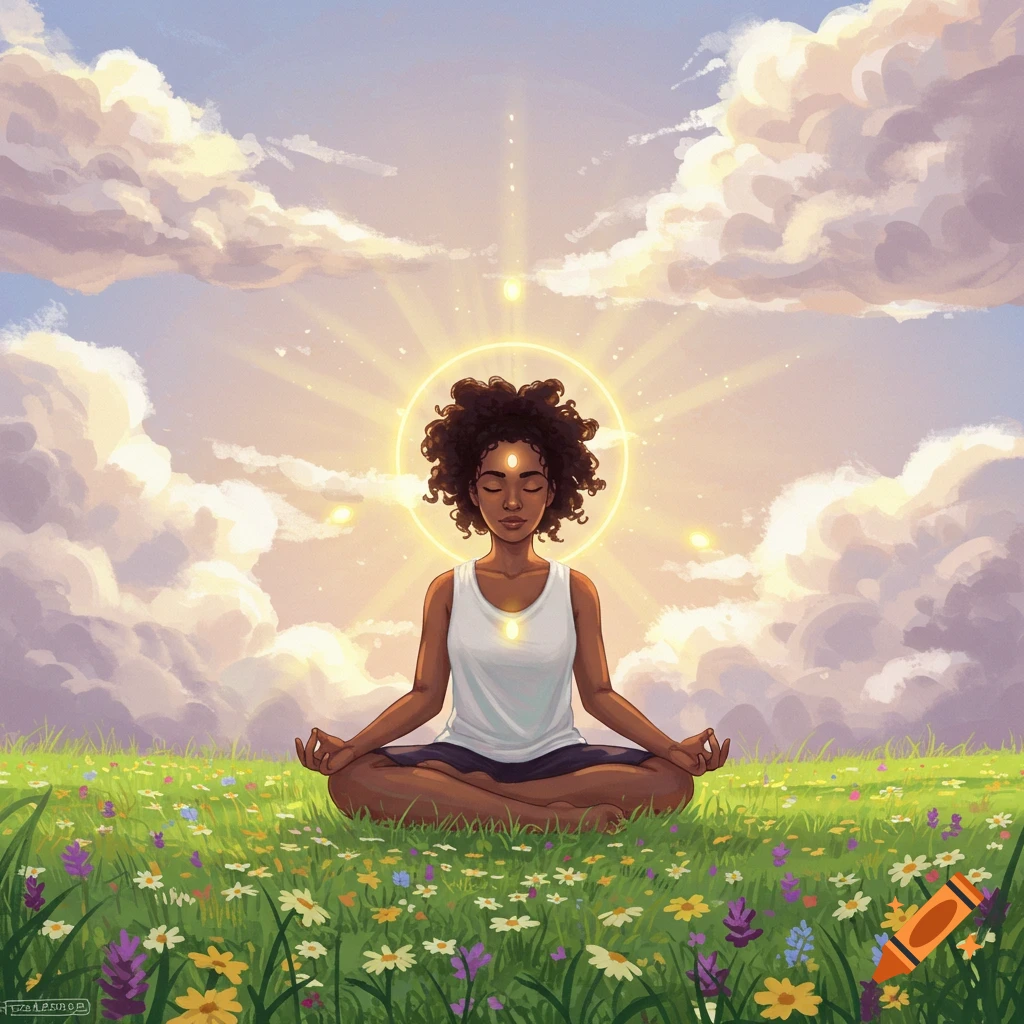 A person meditating in a field of flowers under a sunny sky.