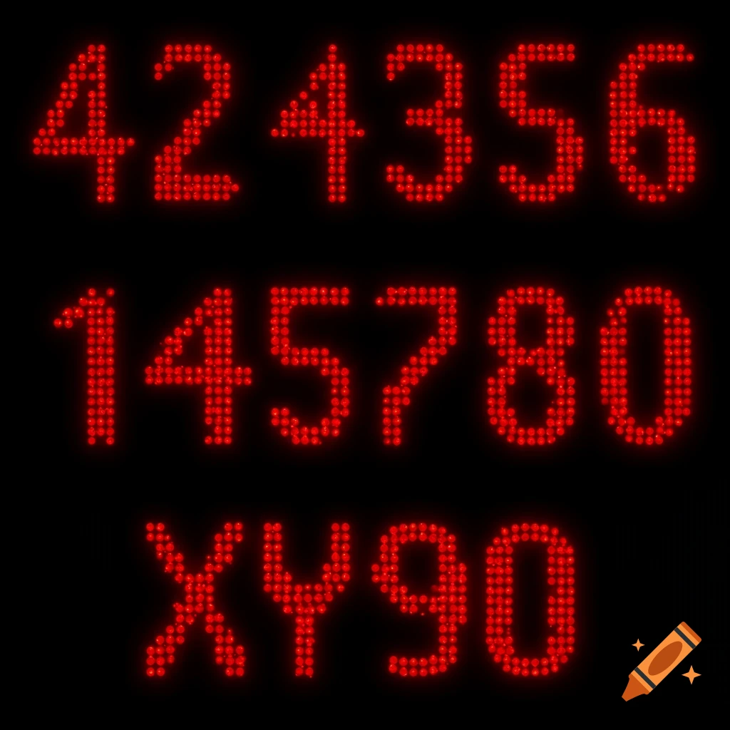 Red dots forming rows of numbers and letters on a black background.