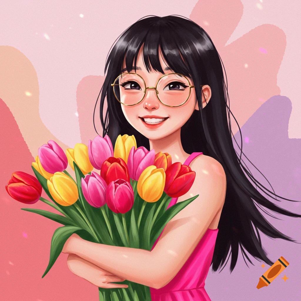 A girl with glasses is holding a bouquet of tulips.