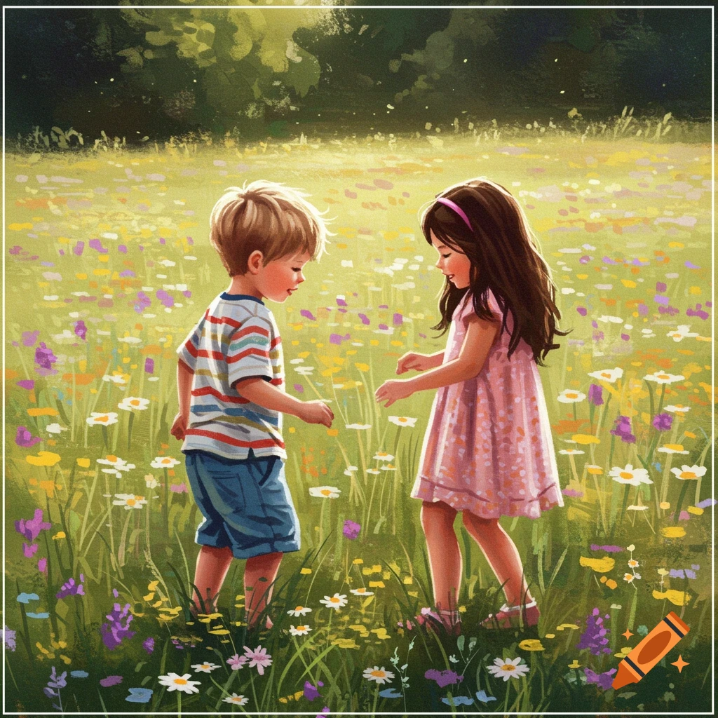 A boy and girl playing in a field of wildflowers.