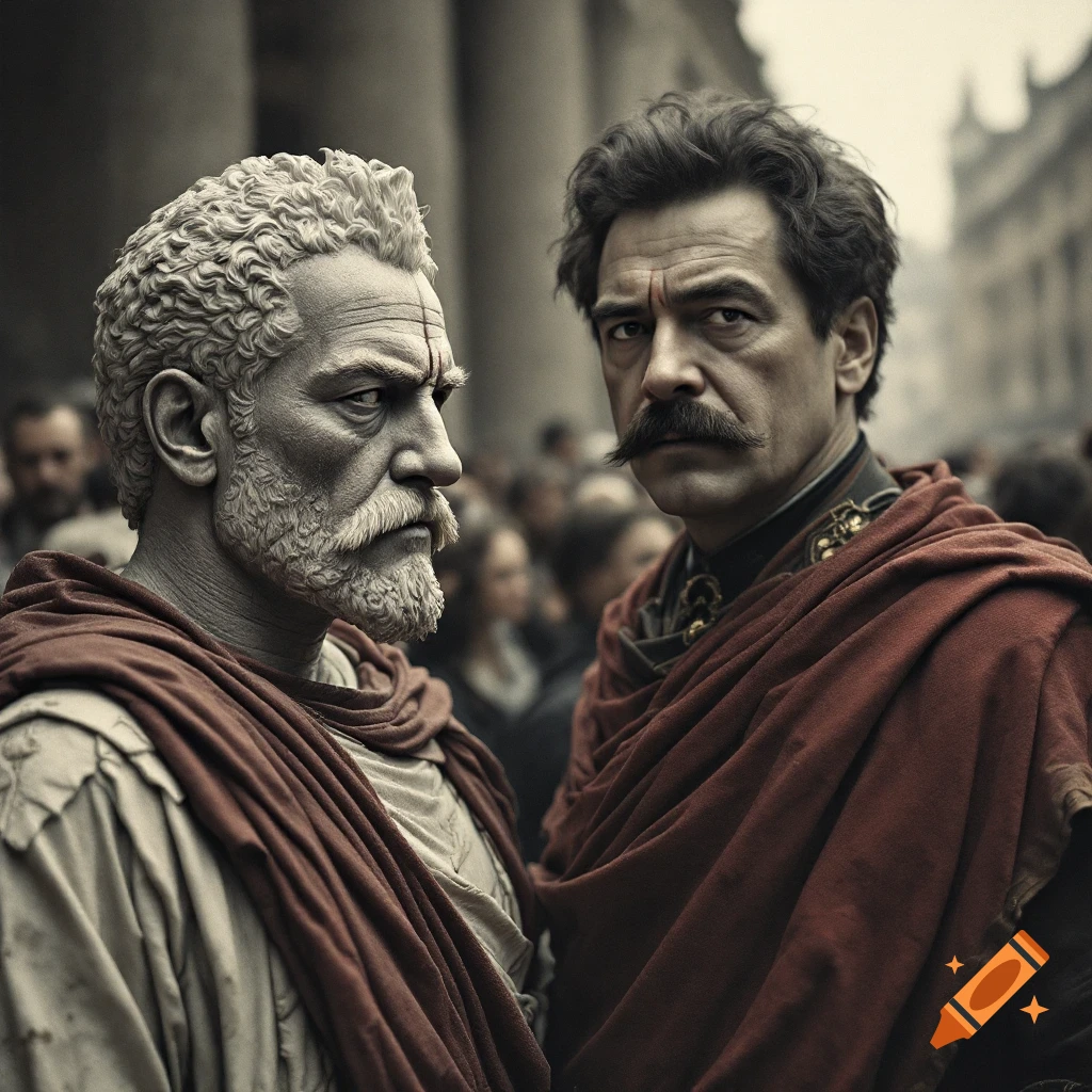Two historical-looking men in red cloaks in a crowd