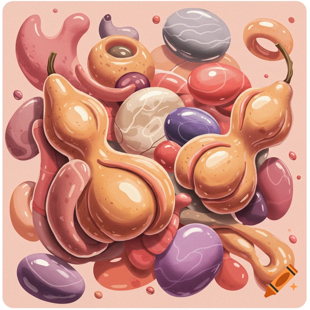 Abstract depiction of organic shapes and spheres in pastel colors.