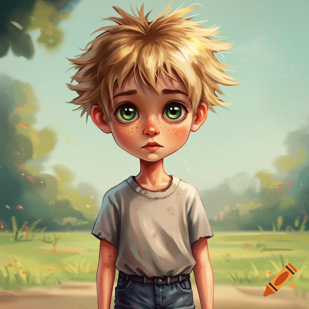 A boy with big green eyes and messy hair is pictured in a soft outdoor setting.