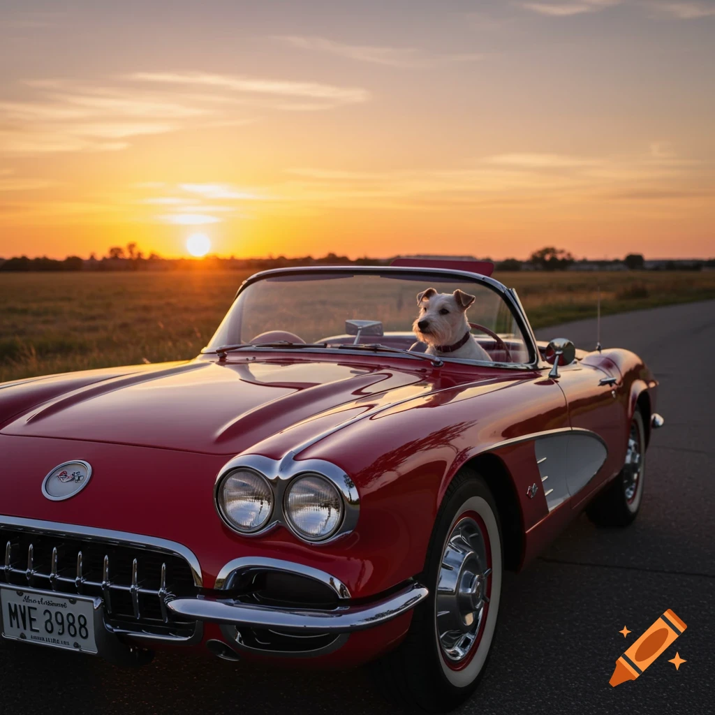 A small dog sits in a red vintage Corvette convertible driving down a road at sunset.