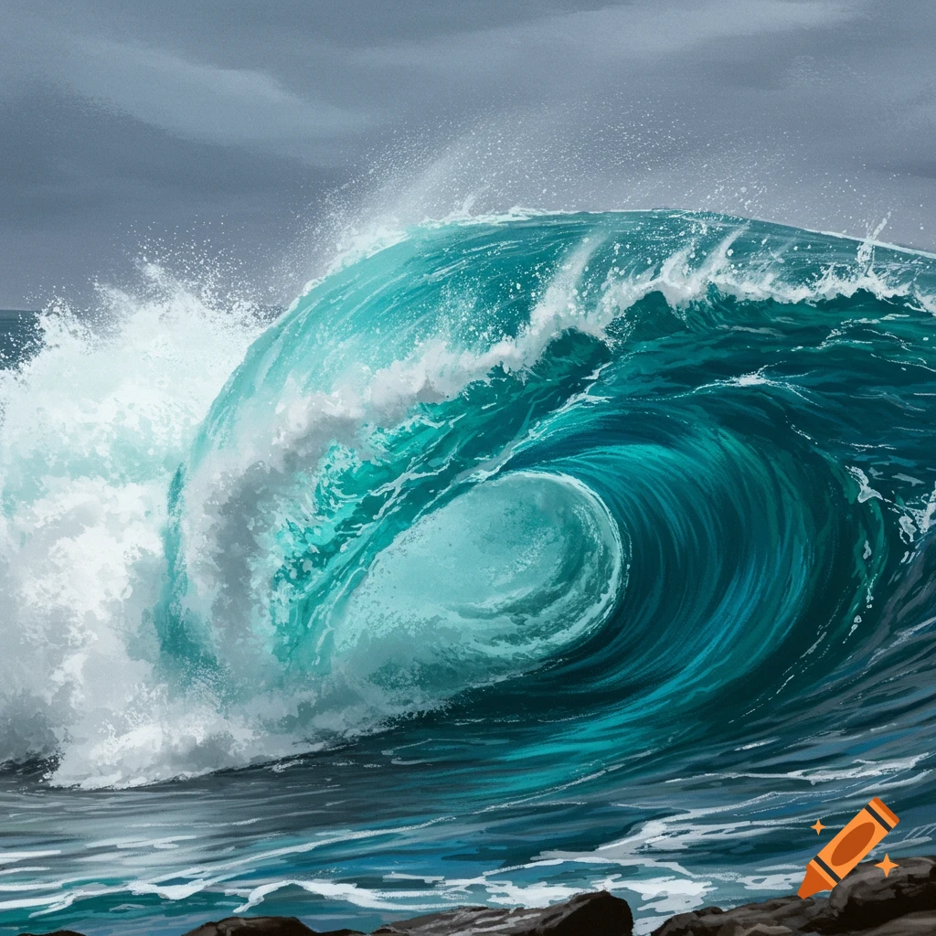 Large blue-green wave curling near a rocky shore under a cloudy sky.