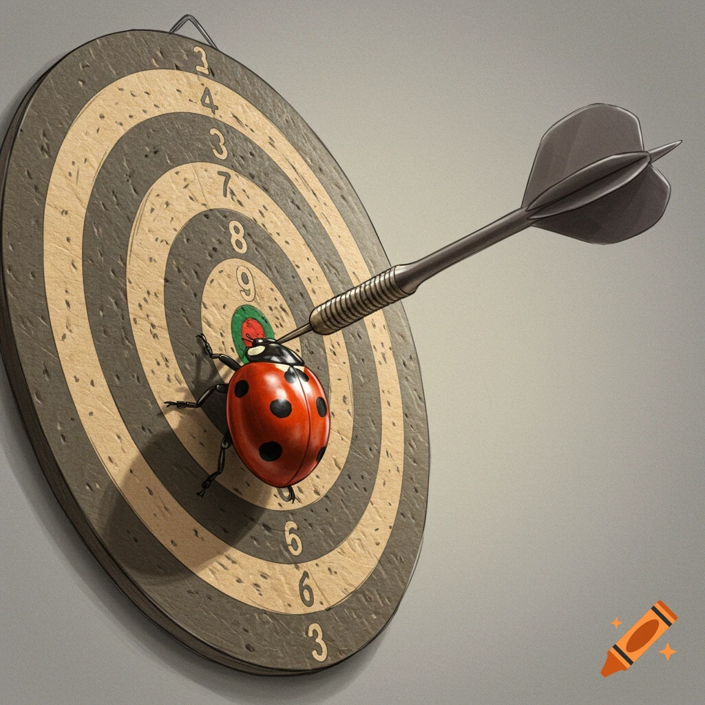 Close-up of a ladybug on a dartboard with a dart hitting near the center.