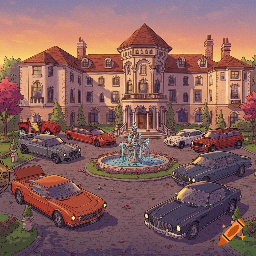 Digital illustration of a large mansion with many cars parked around a fountain at sunset.