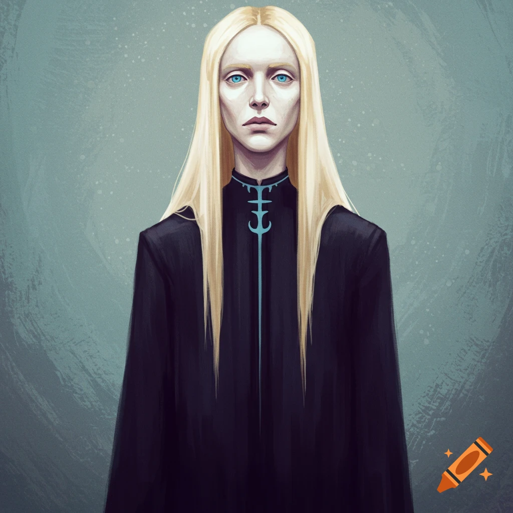 A pale person with long white-blonde hair and blue eyes wearing a black robe with a blue symbol.
