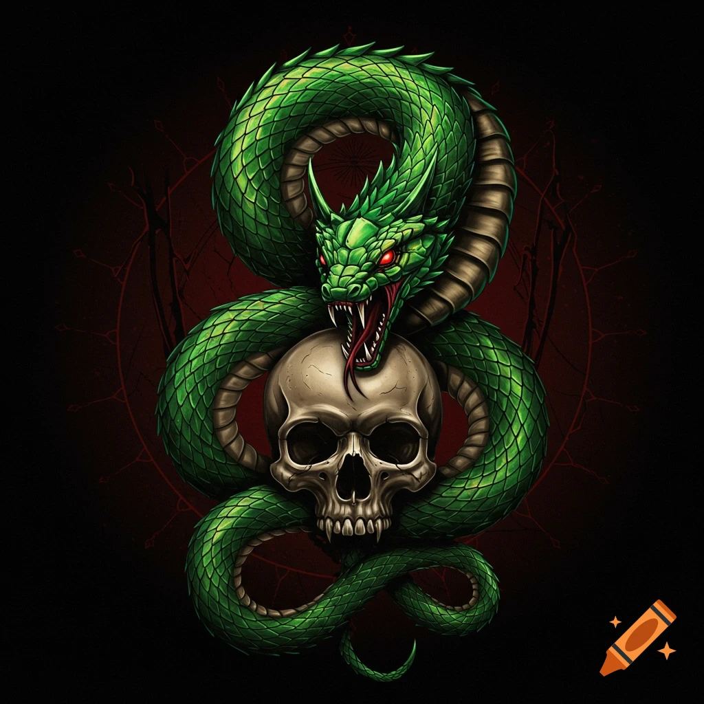 A detailed depiction of a green serpent wrapped around a skull.