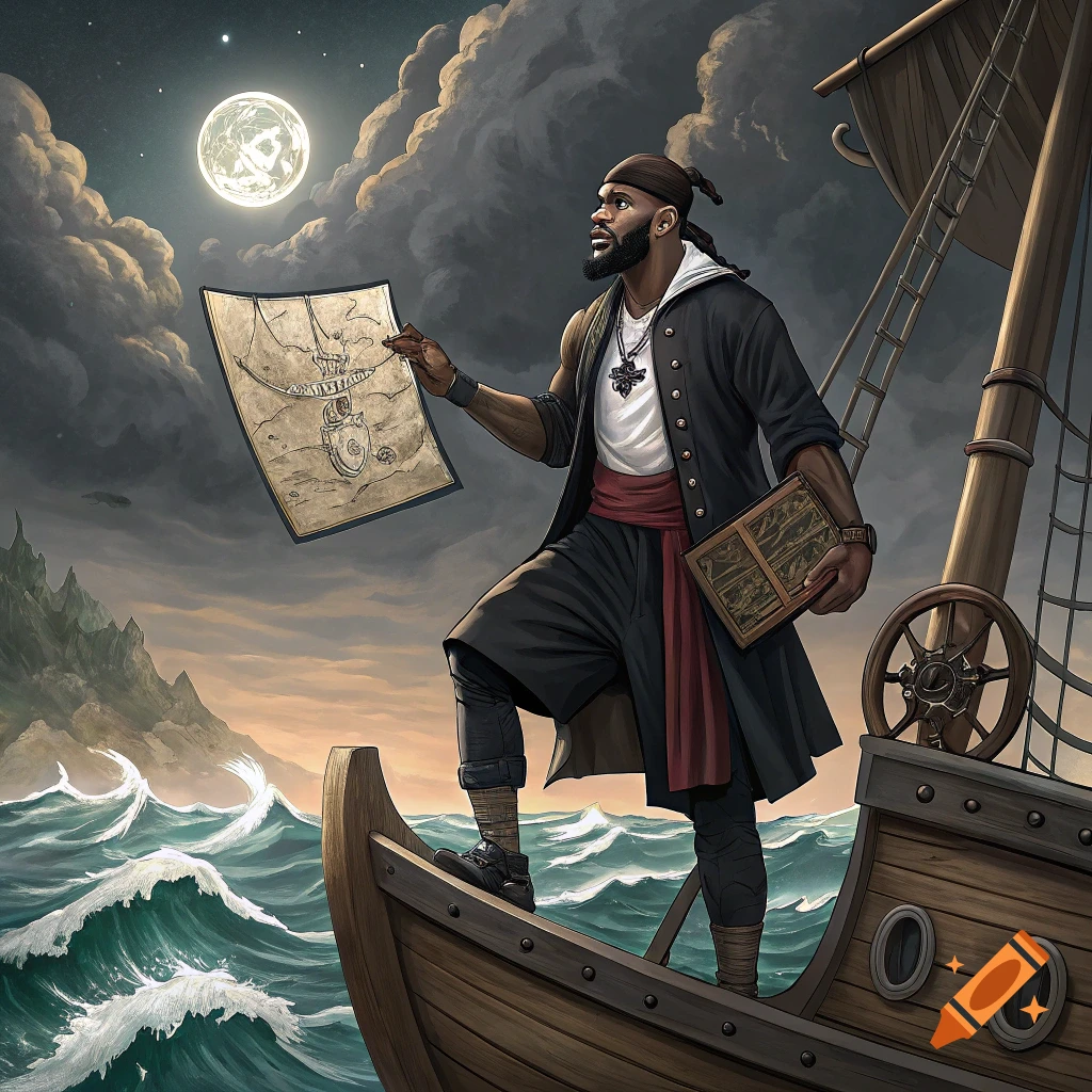 LeBron James as a pirate stands on a ship deck at night, looking at a map.