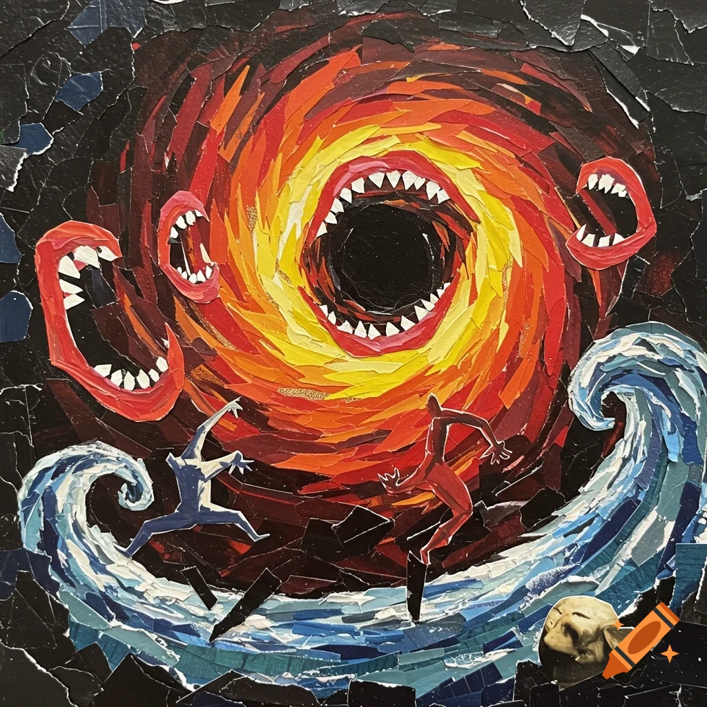 Collage art depicts a swirling fiery vortex with mouths and teeth, figures escaping waves, and a face.