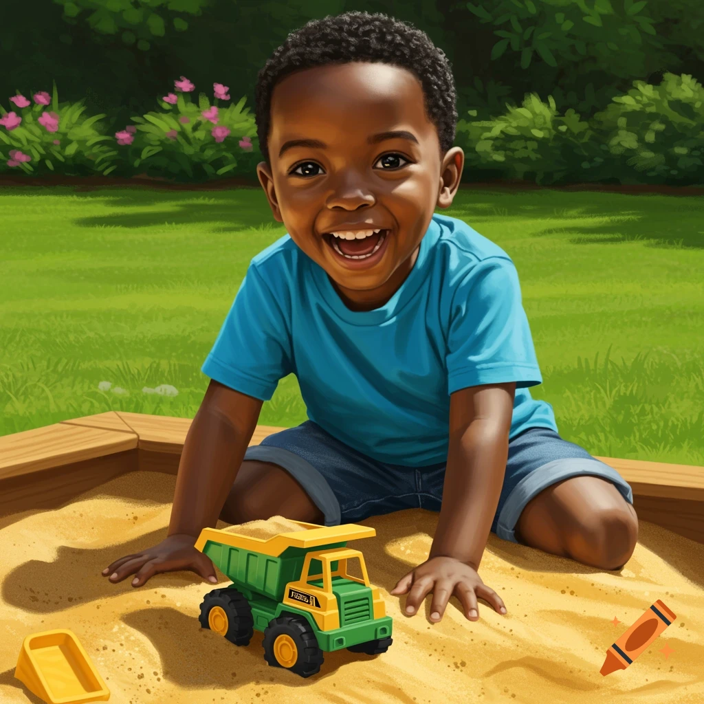 Smiling young Black boy plays with a toy truck in a sandbox.