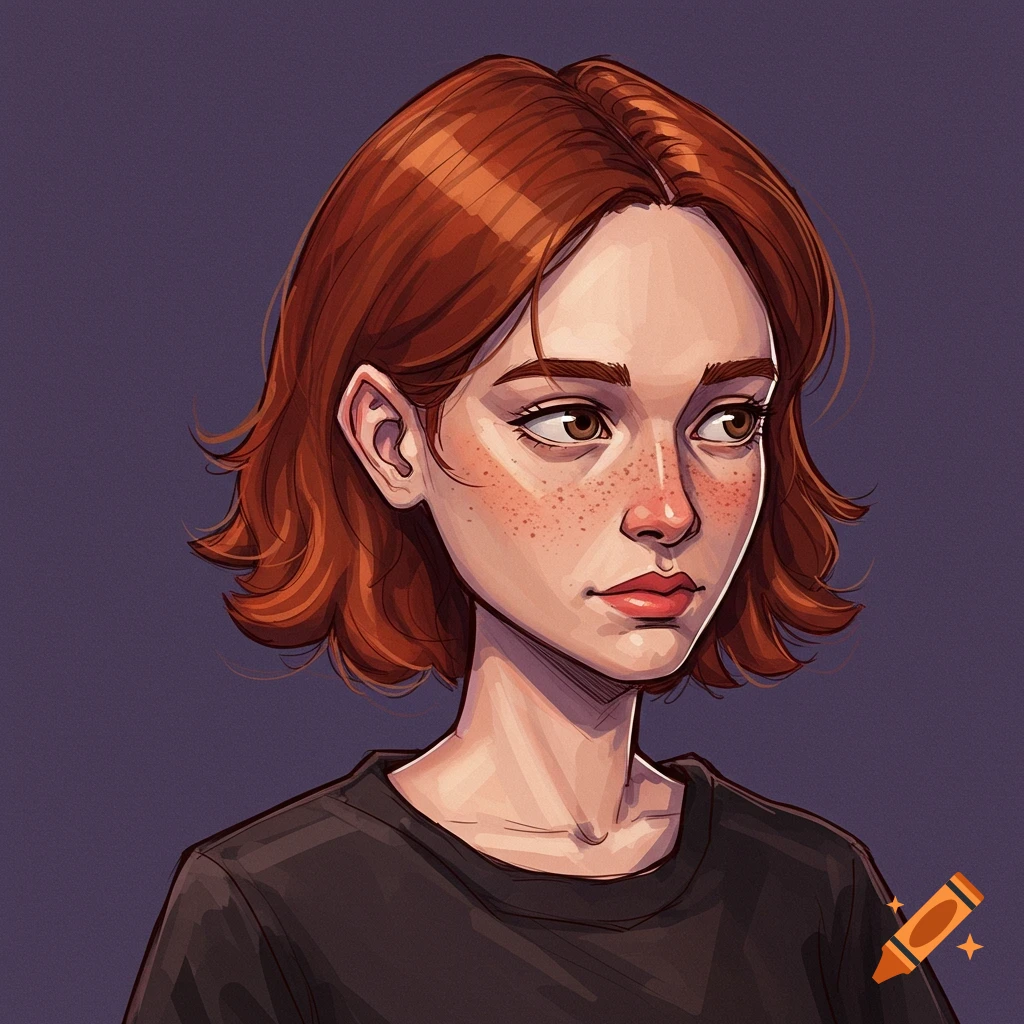 Portrait of a young woman with short red hair and freckles looking away