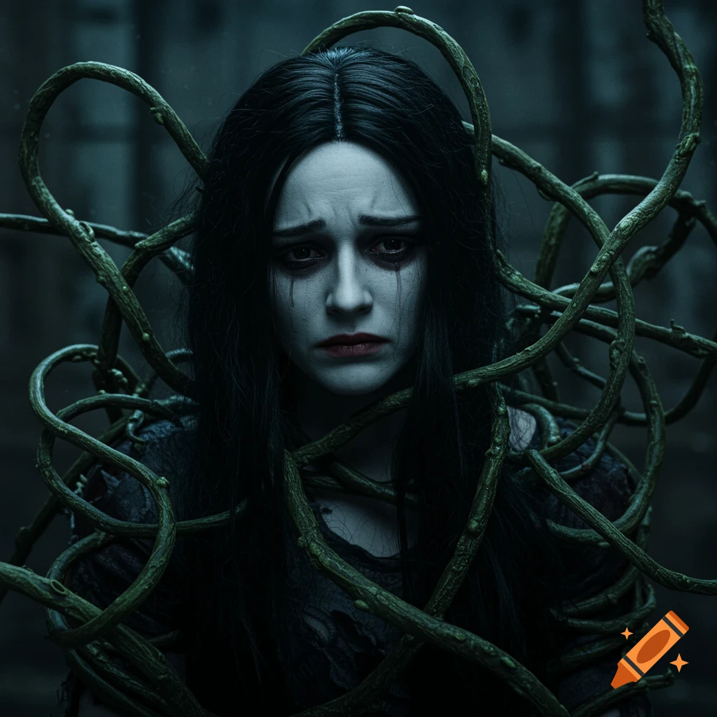 Photorealistic portrait of a sad woman with dark hair covered in gnarled green vines.