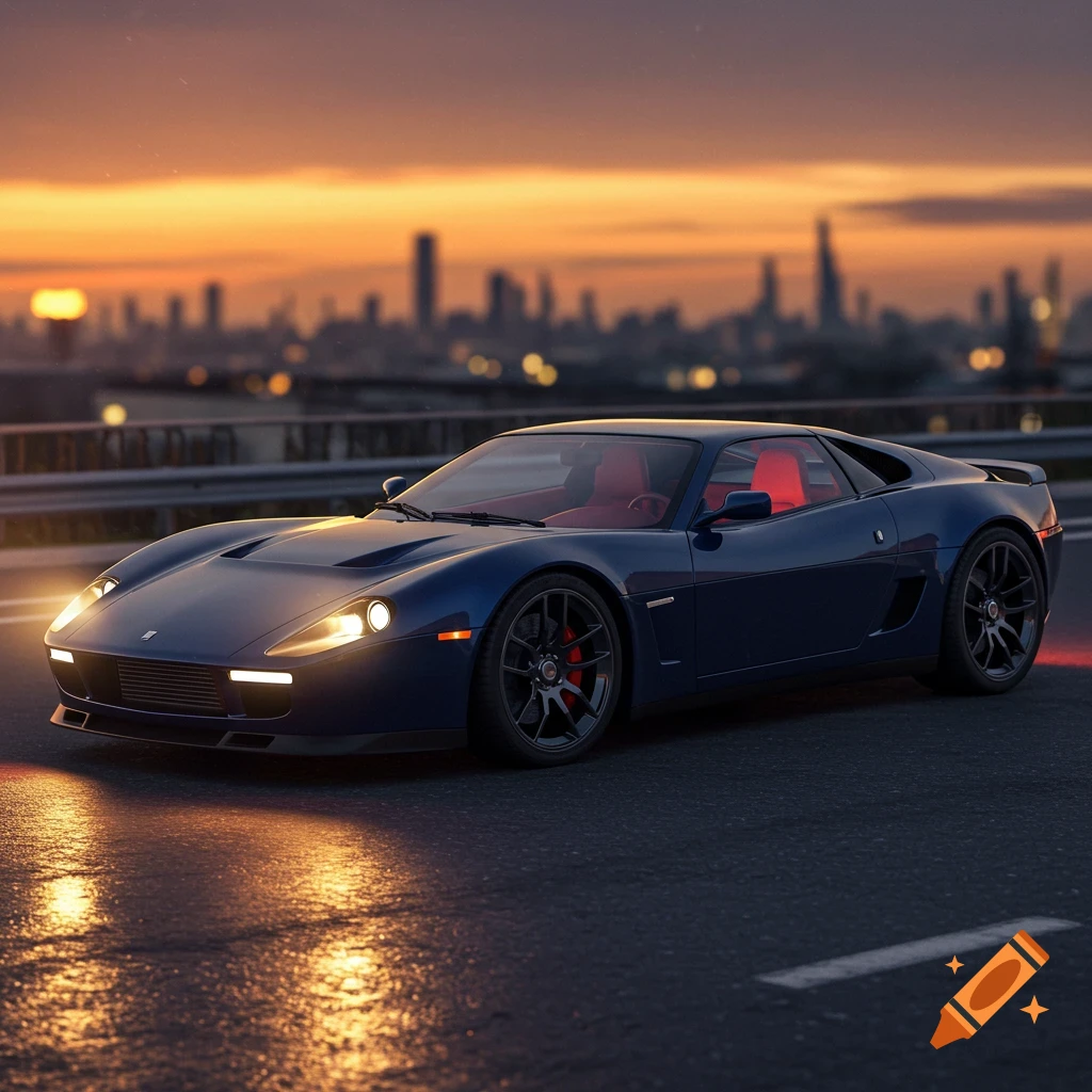 Blue sports car on a wet road at sunset with a city skyline in the background, digital art