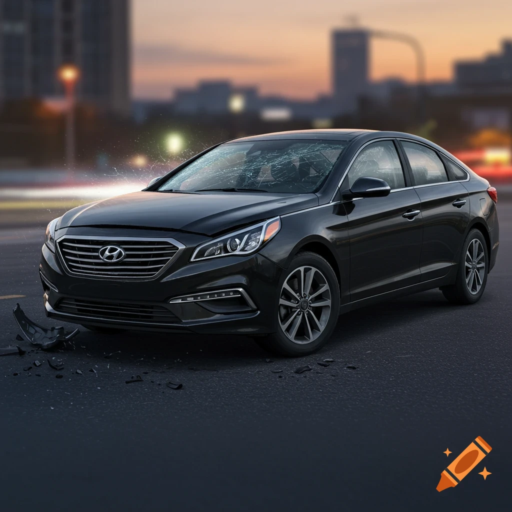 A black crashed Hyundai Sonata parked on a city street at dusk.