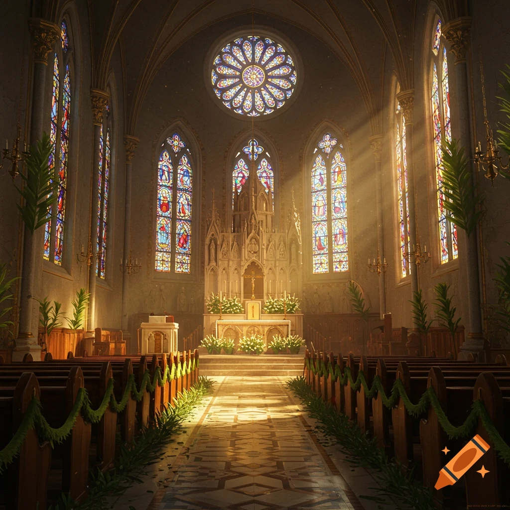 A Roman Catholic church interior, illuminated by sunlight streaming through stained glass windows, decorated for Palm Sunday.