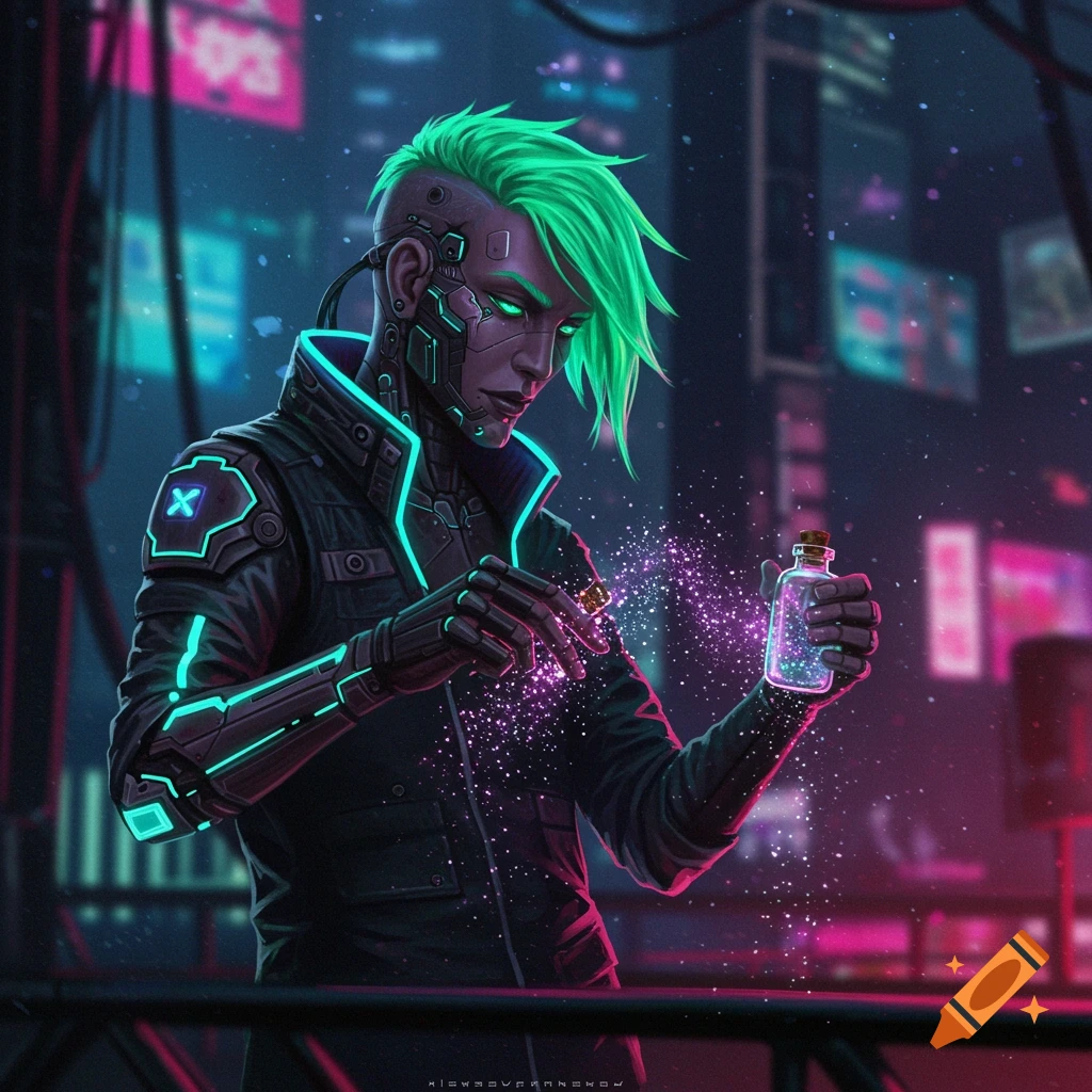 Cyberpunk hacker with green hair sprinkles glowing fairy dust from a vial in a futuristic city.