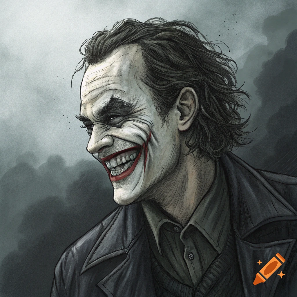Close-up side portrait of the Joker with a wide grin in a sketchy, dark style.