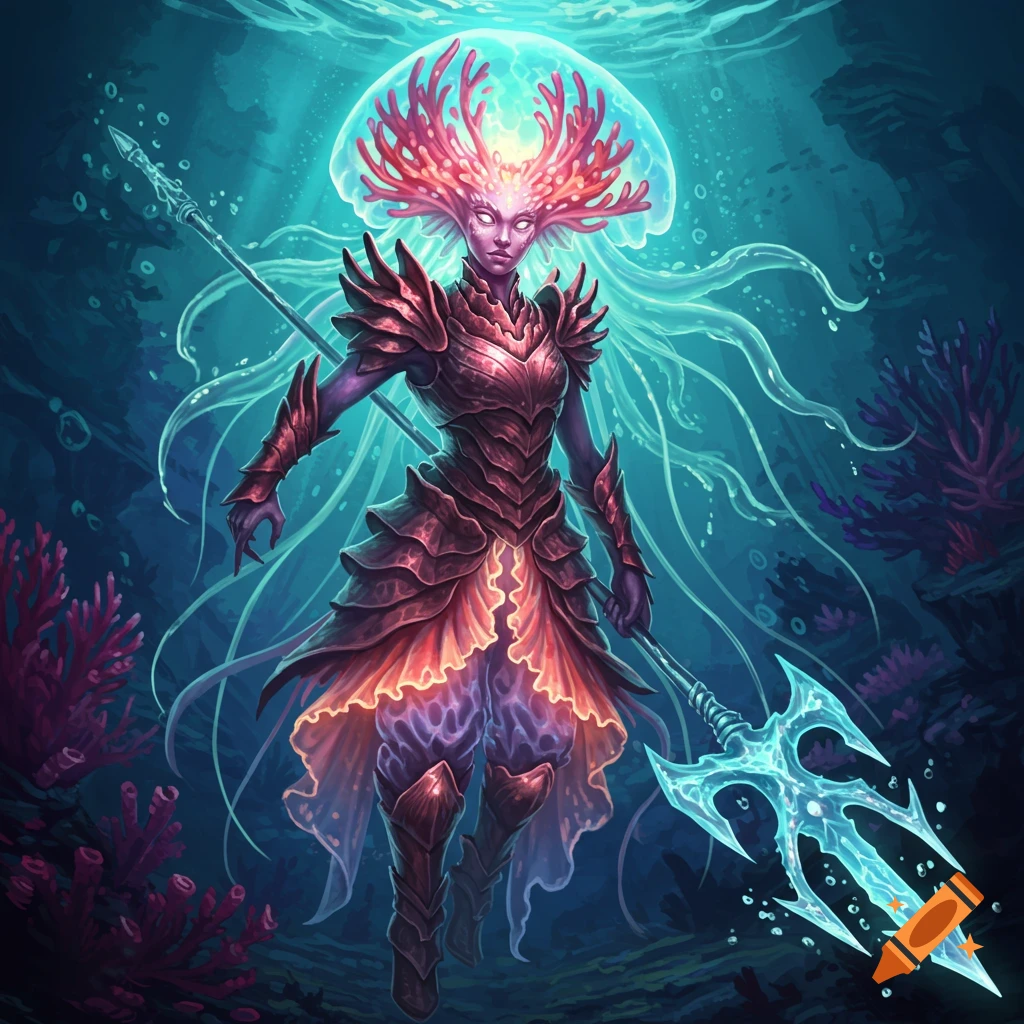 A fantasy jellyfish warrior underwater holding a trident