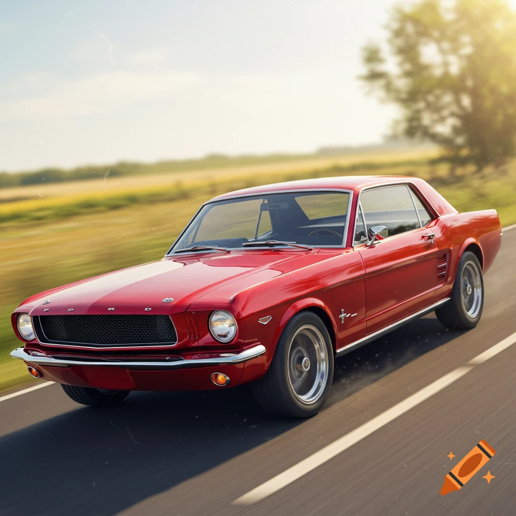 A red classic Ford Mustang drives down a road.