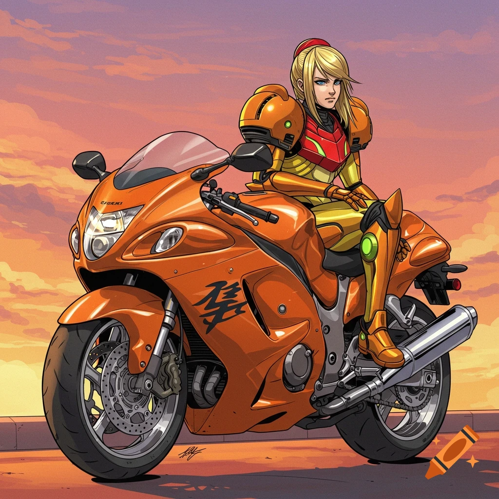 Samus Aran in her suit sits on an orange motorcycle at sunset.