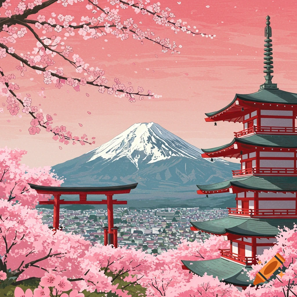 Mount Fuji, a pagoda, and a torii gate are shown with cherry blossoms.