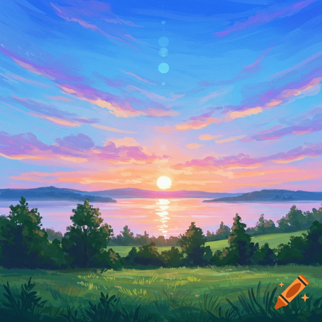 A colorful sunrise over a lake with mountains, trees, and grassy foreground.