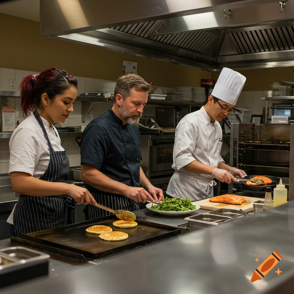 Three chefs cook food in a busy restaurant kitchen.