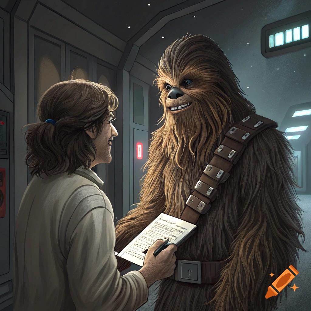 Han Solo asks Chewbacca for an autograph on a notepad in a sci-fi corridor.