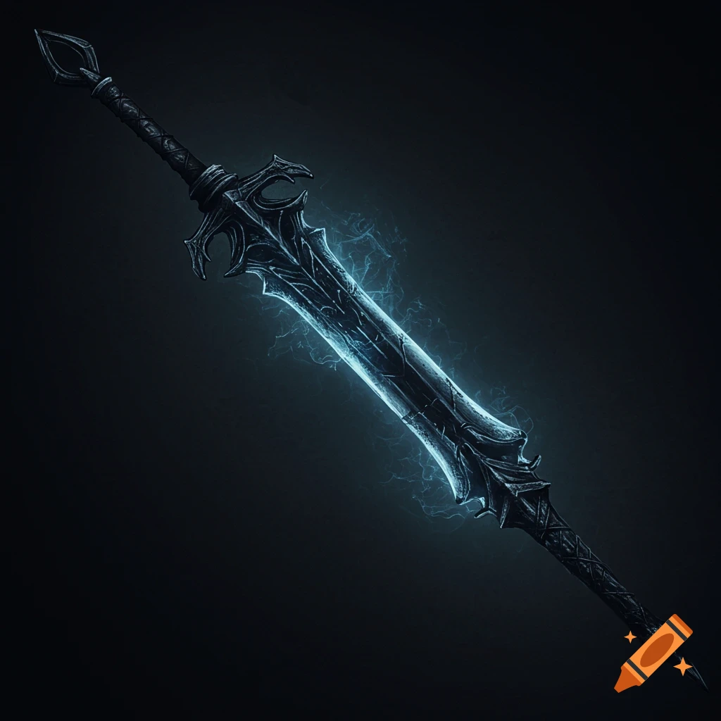 Dark fantasy sword with glowing blue lightning effects